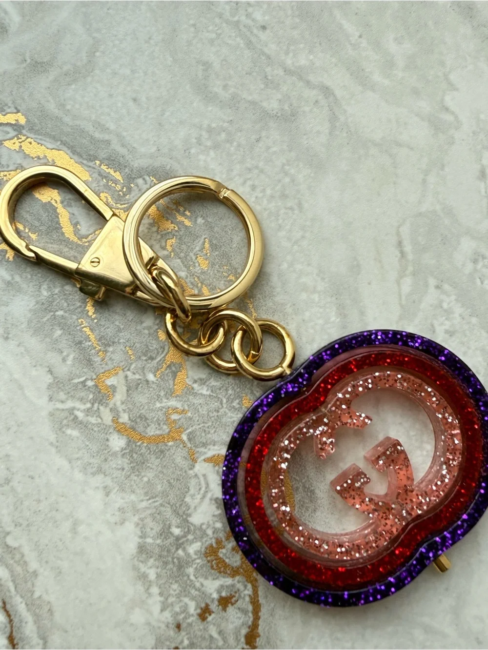 Gucci Interlocking G Glitter Resin Keychain Bag Charm Purple Red Pink Gold